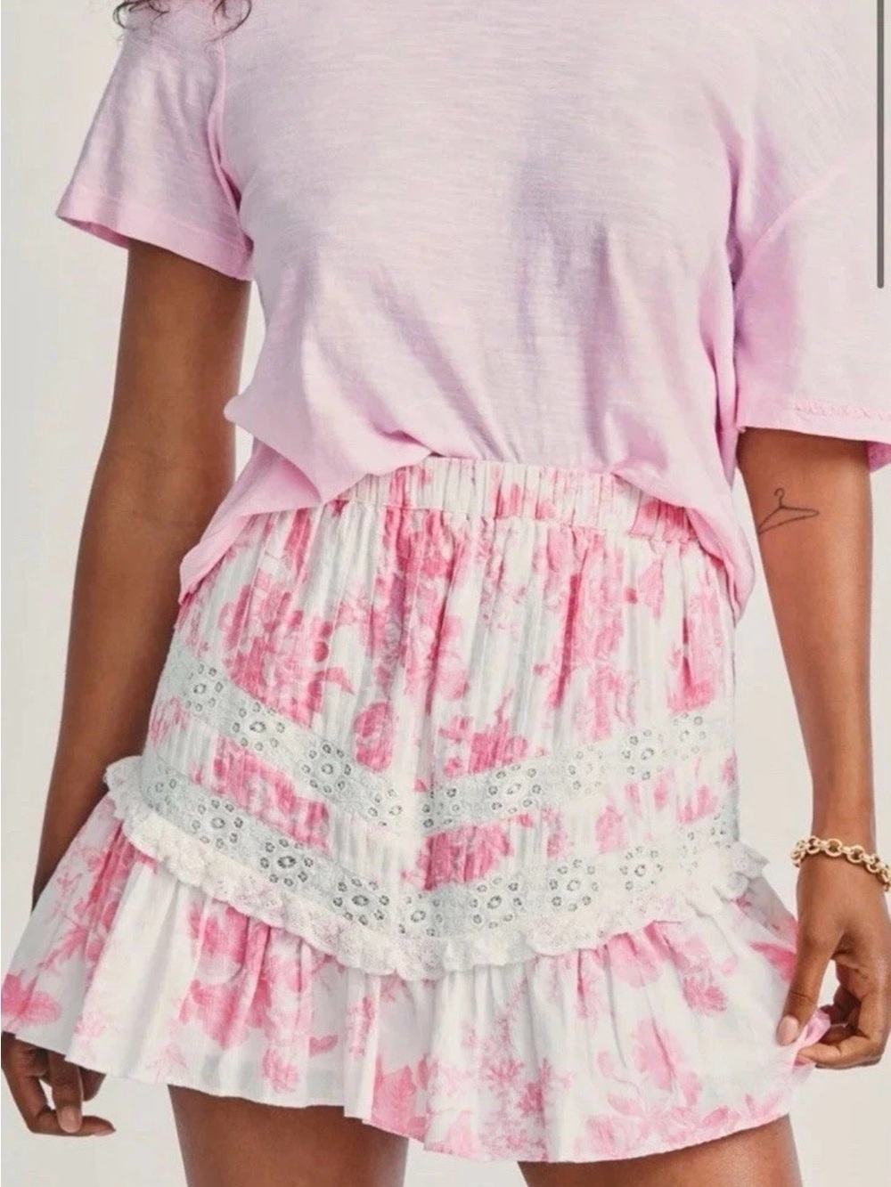 LoveShackFancy Pink Floral Eyelet Tiered Mini Skirt